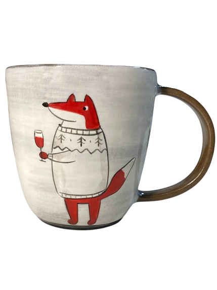 Кружка ручной работы Ким керамика с росписью Лис с винишком в свитере, керамика, 450 мл, фото 1.