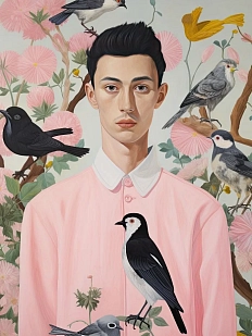 Постер интерьерный DARI DARI «Молодой мужчина в розовой рубашке с птицами», А2