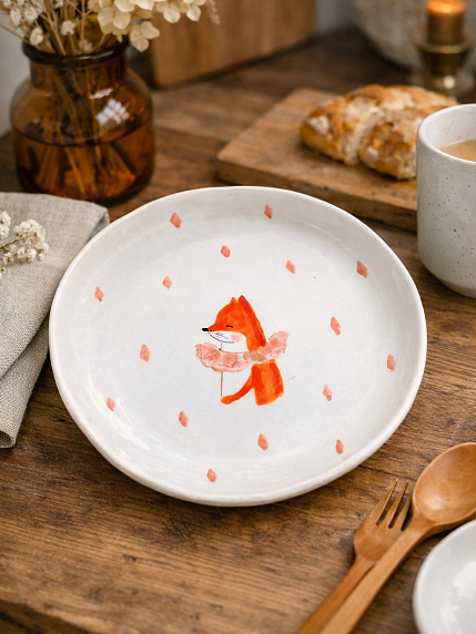 Тарелка ручной работы с бортиком Лисёнок в жабо с розовыми ромбиками, белая, фарфор, 16 см, фото 2.