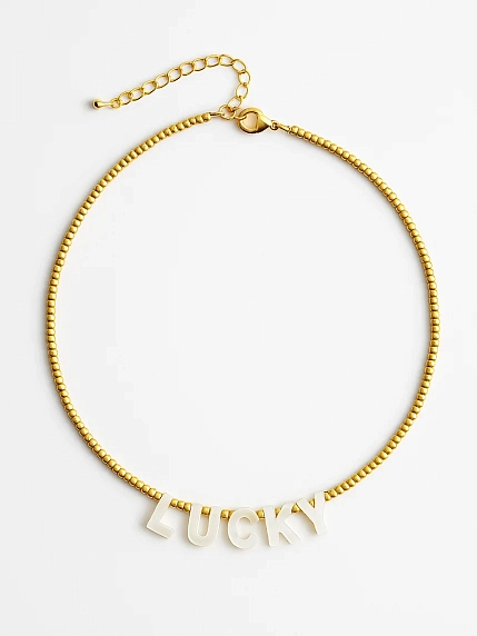 Чокер ручной работы DARI DARI с надписью перламутровыми бусинами «Lucky», бисер, золотистый, фото 2.