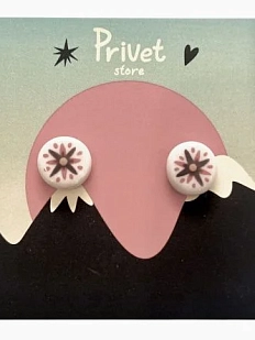 Серьги-гвоздики Звер «Круглые с цветочком», керамика, белые