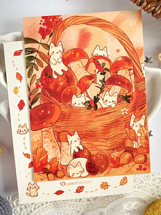 Открытка «Котята в грибах», А6