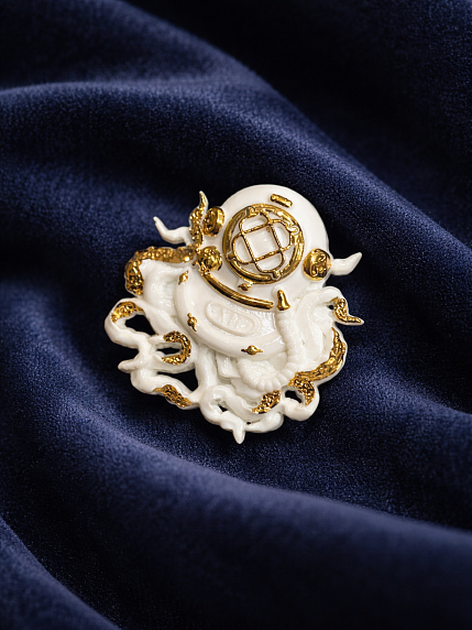 Брошь ручной работы Bulygin «Осьминог», фарфор, бело-золотистая, фото 2.