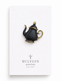 Брошь ручной работы Bulygin «Кофейник», фарфор, чёрно-золотистая
