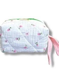 Косметичка ручной работы с карманом Мигетт, размер S, белая с цветами и розовым подкладом