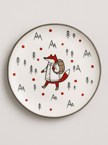 Тарелка ручной работы с бортиком Лис в горах, белая, 17 см, фото 1.