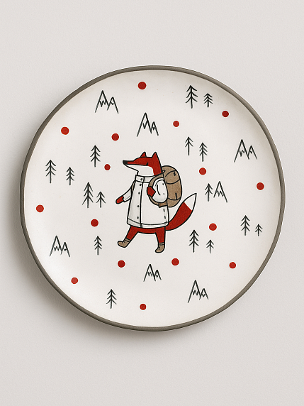 Тарелка ручной работы с бортиком Лис в горах, белая, 17 см, фото 1.