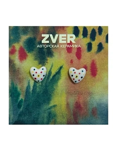 Серьги-гвоздики ручной работы Звер «Сердечко с жёлтым цветочком и точками», белые, керамика