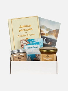 Подарочный набор с книгой «Доводы рассудка», ароматической свечой, солёной карамелью и шоколадом