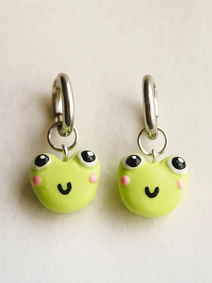 Серьги-конго Радость Рядом «Лягушки», полимерная глина, зеленые, фото 1.