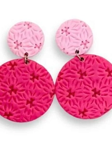 Серьги двойные круглые с отпечатками, полимерная глина, розовые