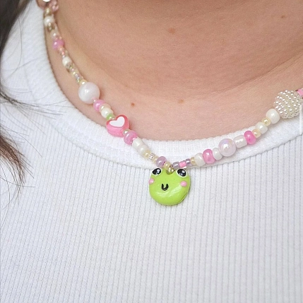 Чокер ручной работы Радость Рядом с подвеской «Лягушонок», полимерная глина, бисер, фото 2.