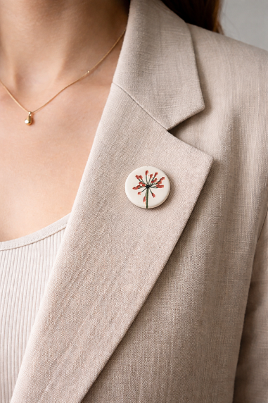 Брошь ручной работы Elizabeth Madar Оттиск трав, розово-голубая, керамика, фото 3.