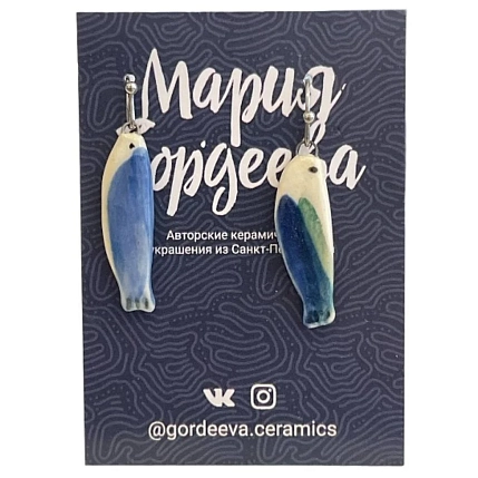 Серьги-конго Мария Гордеева «Рыбки», керамика, белые с синим, фото 2.