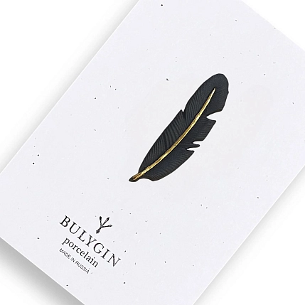 Брошь ручной работы Фарфор Булыгина «Перо», чёрно-золотистая, фото 5.