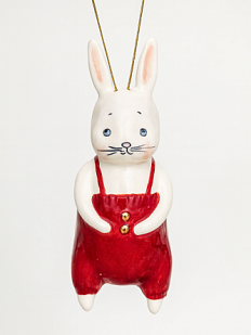 Ёлочная игрушка из фарфора «Зайчик» в красном комбинезоне, 12 см