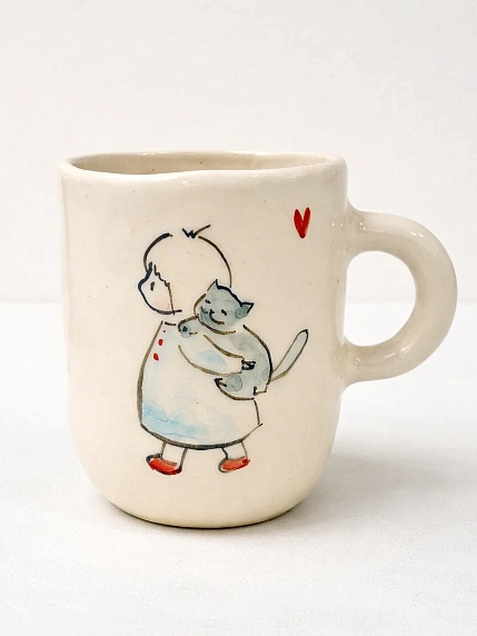 Кружка ручной работы НАДО ЖЕ с росписью «Девочка с котиком», белая, керамика, 300 мл, фото 1.