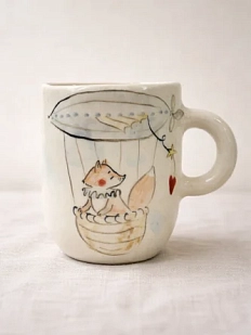 Кружка ручной работы НАДО ЖЕ с росписью «Лис на дирижабле в облаках», белая, керамика, 300 мл