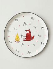 Тарелка ручной работы Ким керамика с бортиком Лис в свитере у костра, белая, 17 см