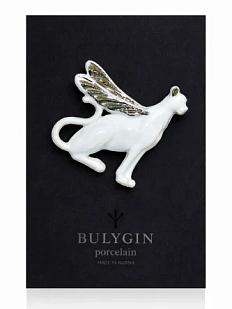 Брошь ручной работы Фарфор Булыгина «Гепард», бело-серебристая