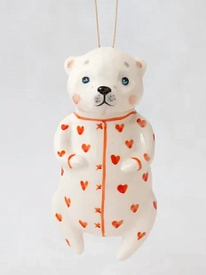 Ёлочная игрушка Ким керамика «Медведь», в пижаме с сердечками 12 см, фарфор