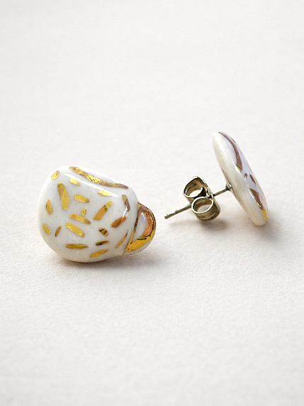 Серёжки-гвоздики «Кружечки в полоску», фарфор, бело-золотистые, фото 2.