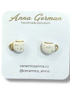 Серёжки-гвоздики Анна Герман «Кружечки в точку», фарфор, бело-золотистые