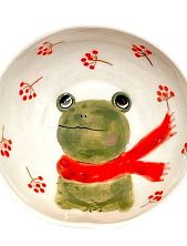 Пиала ручной работы с росписью внутри Лягушка с рябиной, белая, фарфор, 10 см