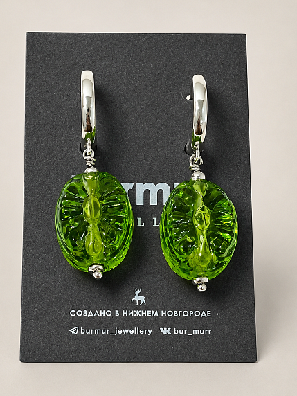 Серьги-конго Бур.Мур «Конфетка», родированная латунь, стекло, салатовые, фото 1.