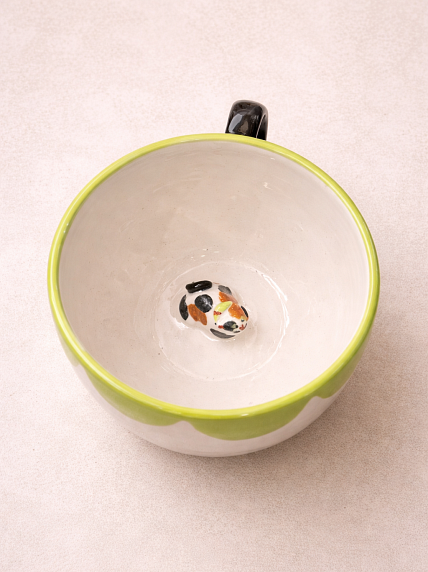 Кружка ручной работы круглая с фигуркой внутри «Котик», зеленая, 300 мл, фото 2.