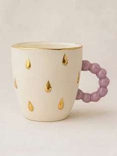 Кружка ручной работы из фарфора, белая с золотыми каплями и фиолетовой ручкой, объём 300 мл