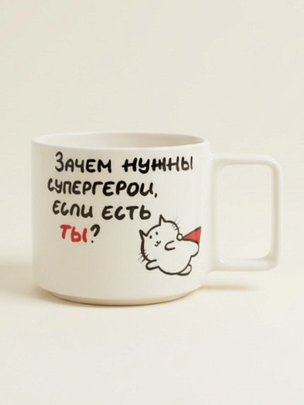 Кружка ручной работы РУКИ В ГЛИНЕ «Зачем нужны супергерои», белая, керамика, 350 мл, фото 1.