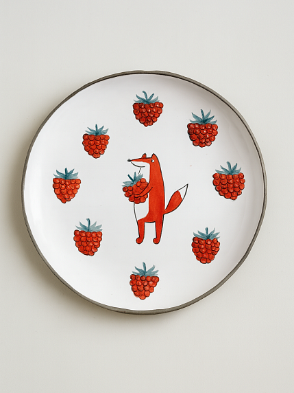 Тарелка ручной работы с бортиком Лис с малиной, белая, 17 см, фото 1.