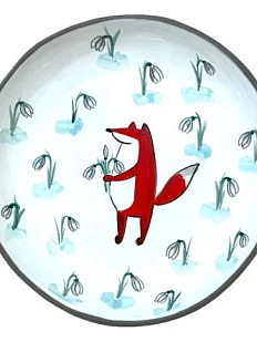 Тарелка ручной работы Ким керамика с бортиком Лис с подснежниками, белая, 13 см