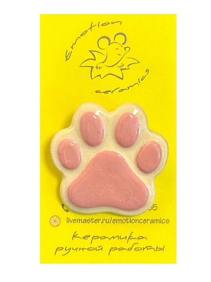 Брошь ручной работы «Кошачья лапка», керамика, бело-розовая, фото 1.