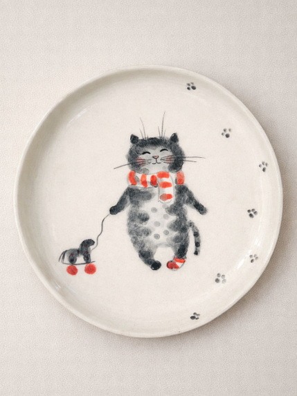 Тарелка ручной работы Ким керамика с бортиком Котёнок с лошадкой, белая, фарфор, 14 см, фото 1.