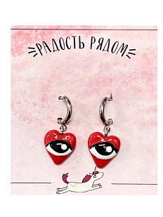 Серьги-конго с подвеской «Сердечки с глазами», полимерная глина, красные