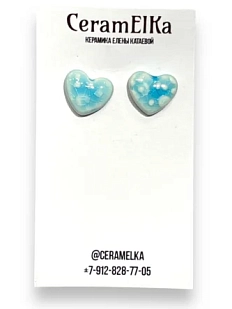 Серёжки-гвоздики КерамЕлКа «Сердечки с разводами», керамика, бирюзовые