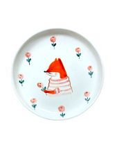 Тарелка ручной работы Ким керамика с бортиком Лисёнок с розовыми ягодками, белая, фарфор, 13 см