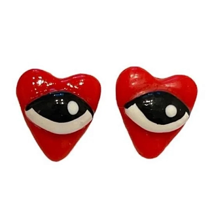 Серёжки-гвоздики Радость Рядом «Сердечки с глазами», полимерная глина, красные, фото 1.