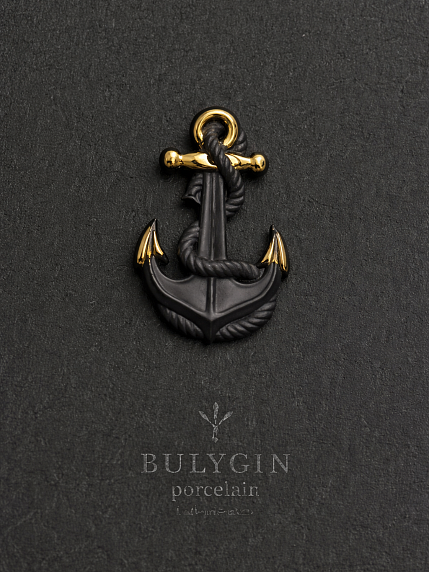 Брошь ручной работы Bulygin «Якорь», фарфор, чёрно-золотистая, фото 2.