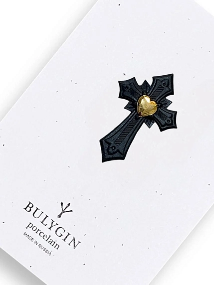 Брошь ручной работы Фарфор Булыгина «Крест», чёрно-золотистая, фото 2.