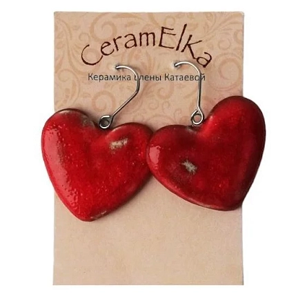 Серьги КерамЕлКа на петле Сердца, керамика, красные, фото 1.