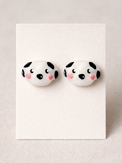 Серёжки-гвоздики Радость Рядом «Собачки», полимерная глина, чёрно-белые, фото 2.