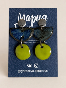 Серьги Мария Гордеева ассиметричные составные, керамика, синие с зелёным