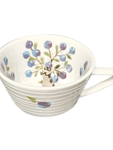 Чашка для чая ручной работы Мадам де Тюль с фигуркой внутри Кот с голубикой, голубая, фарфор, 250 мл