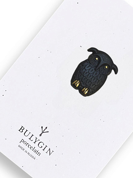 Брошь ручной работы Bulygin «Сова», фарфор, чёрно-золотистая, фото 7.
