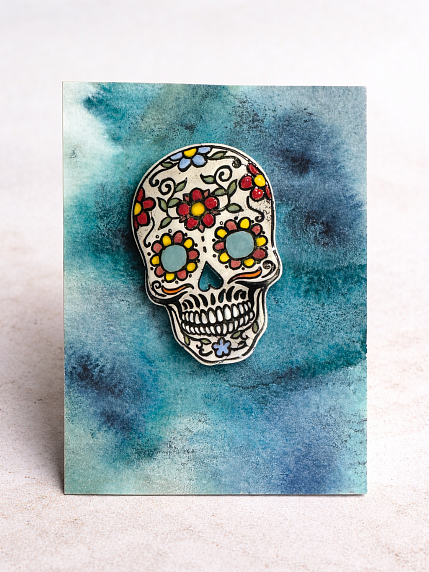 Брошь ручной работы «Сахарный череп. Калавера», керамика, фото 3.