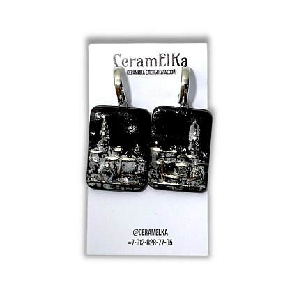Серьги КерамЕлКа «Город», прямоугольные, фарфор, чёрно-серебристые, фото 1.