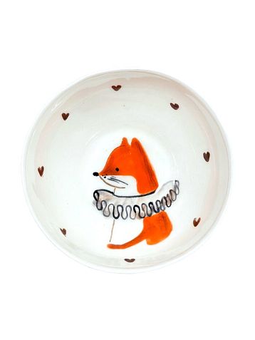 Пиала ручной работы Ким керамика с росписью внутри Лисёнок в жабо, белая, фарфор, 10 см, фото 1.